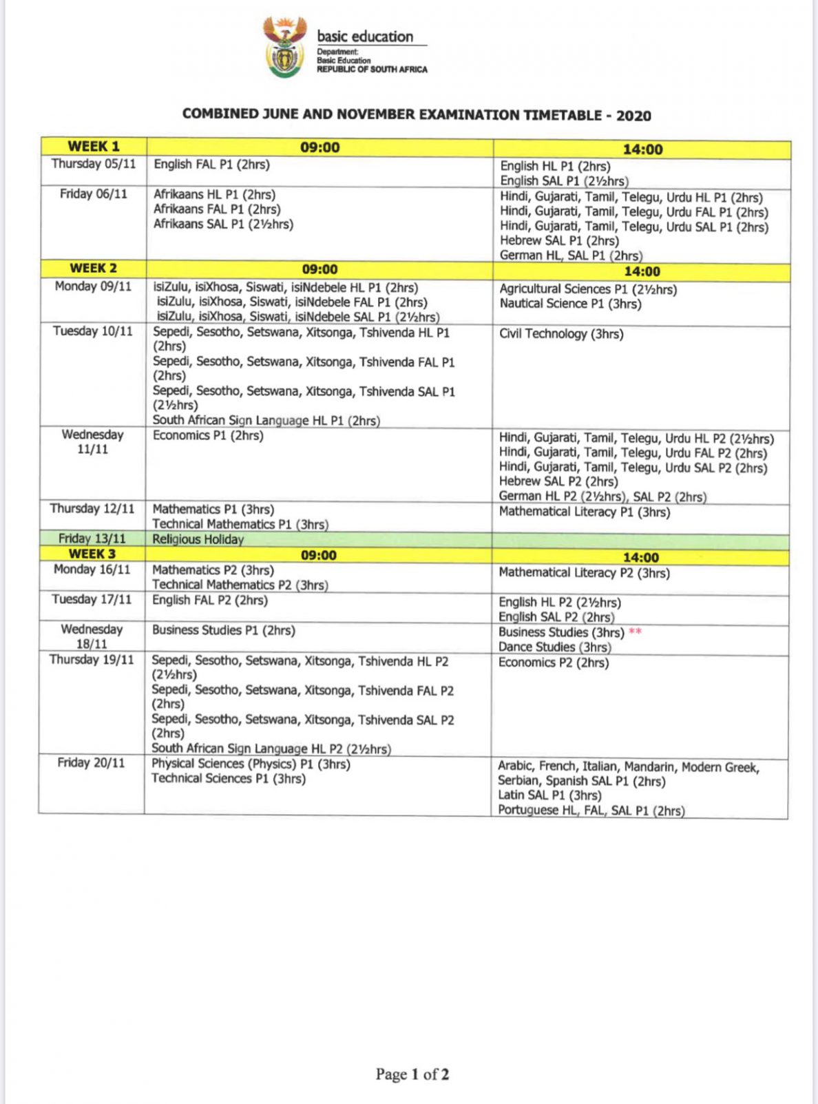 Combined June & November Examination timetable 2020 North West